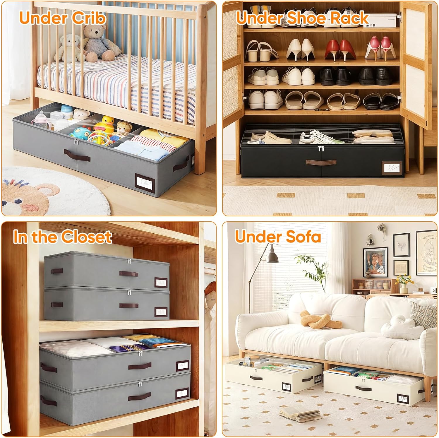 OIAHOMY 2 Pack 53L Under Bed Storage with Adjustable Dividers, 6" Low Profile Underbed Storage Bins for Comforters & Clothes, Save Closet Space with Clear View Lid & Reinforced Handles, Grey