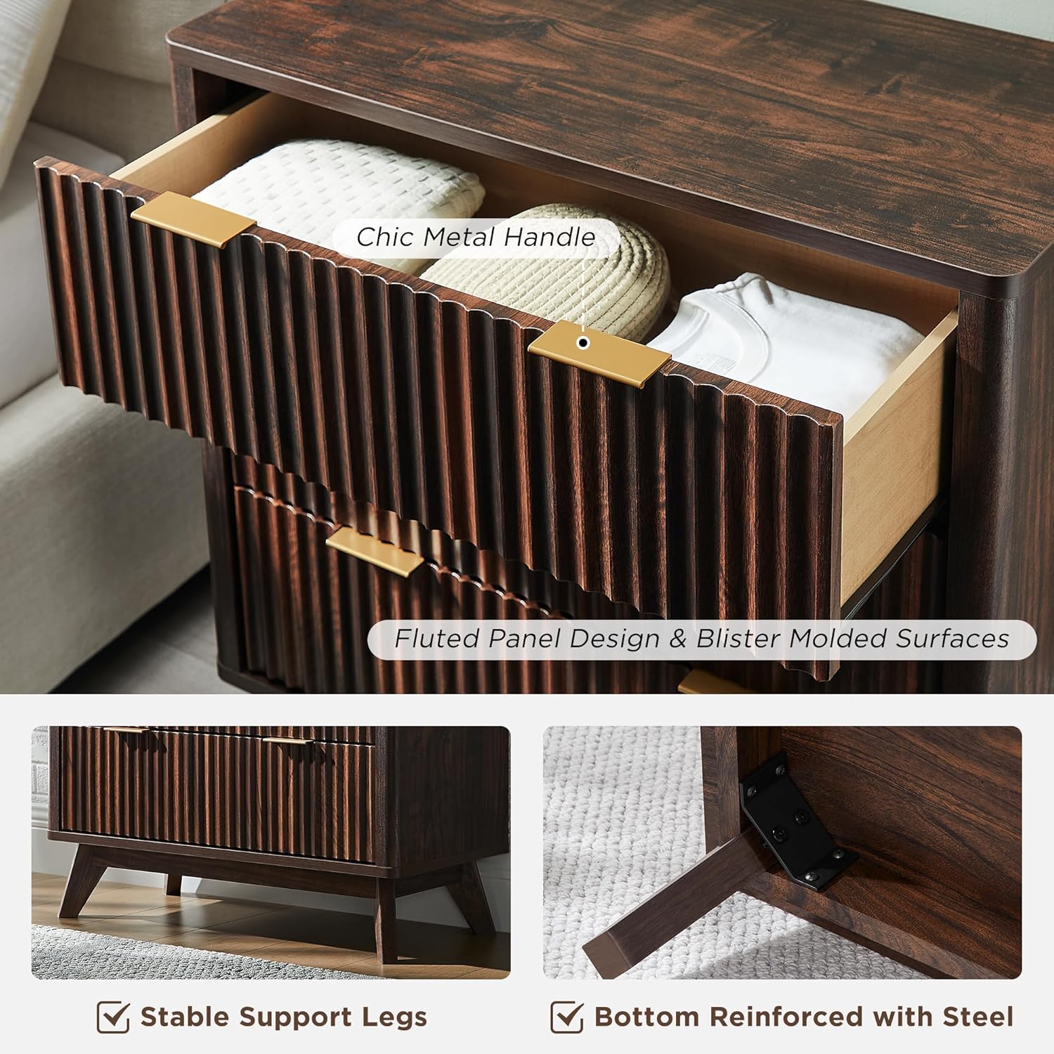 T4TREAM Fluted 3 Drawers Nightstand Set of 2, Oversized Extra Large Modern Side Table, End Table Bedside for Bedroom, Living Room, Curved Profile Design, Dark Walnut