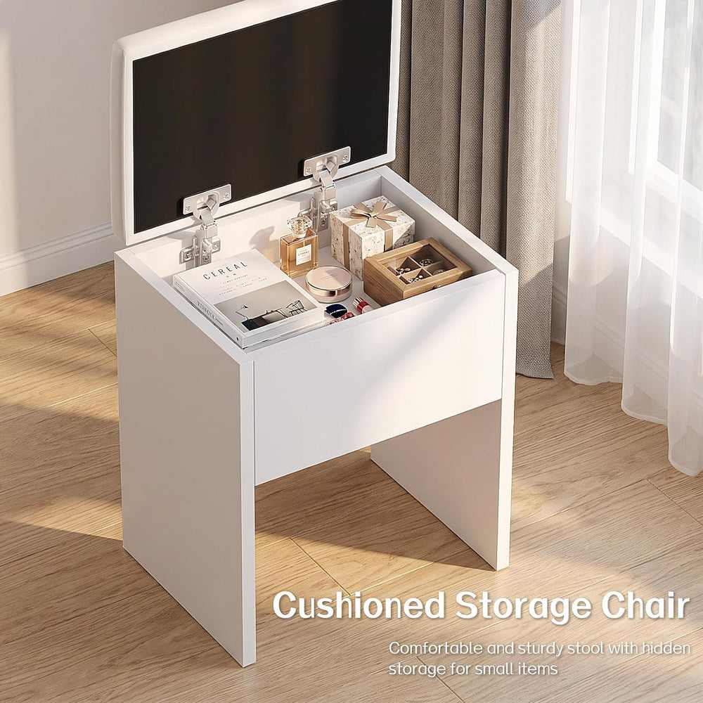 Haewon Vanity Desk Set with Lighted Mirror and Chair, White | Makeup Table wi...