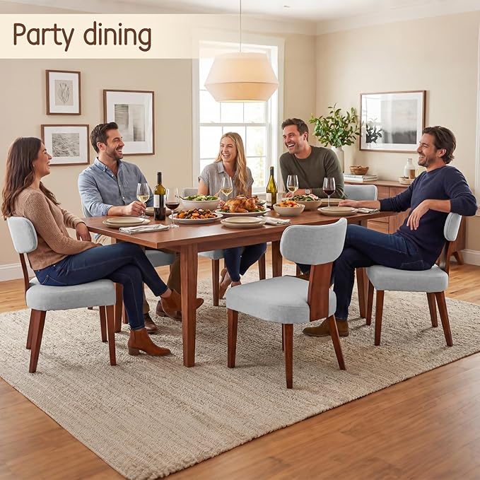 Dining Chairs Set of 6, Mid-Century Modern Upholstered Kitchen Chairs with Curved Backrest and Linen Fabric Seat, Wood Leg Accent Chairs for Dining Room, Living Room, Bedroom, Grey