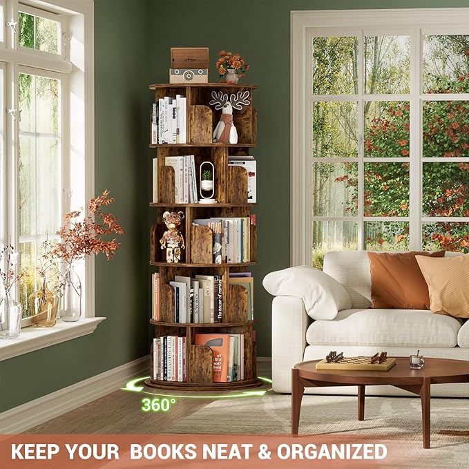 Rotating Bookshelf Tower, 5 Tier Spinning Bookcase, Revolving 360 Book Shelf ...
