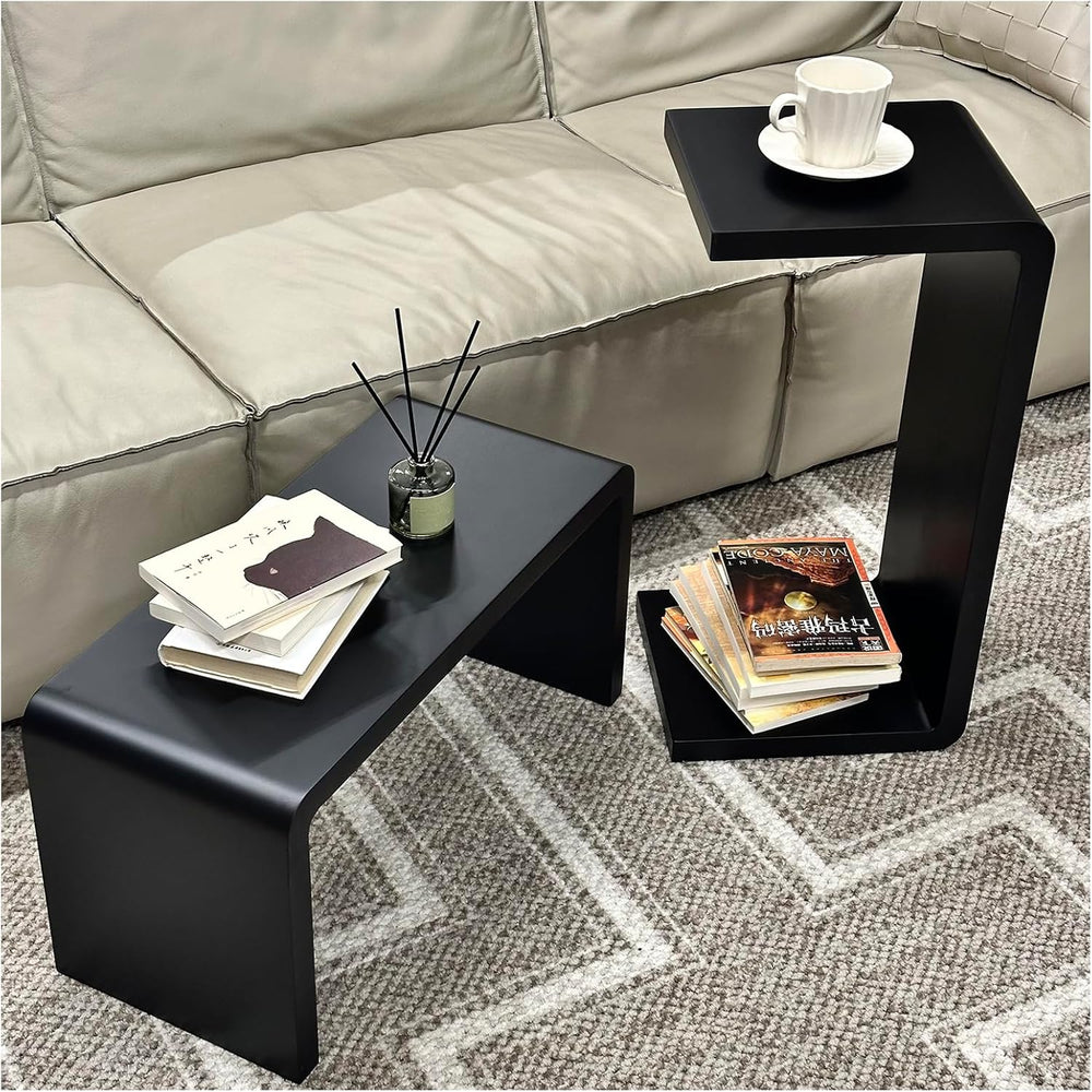 Solid Wood End Table for Couch, C Shaped Mini Sofa Side Table for Small Narro...
