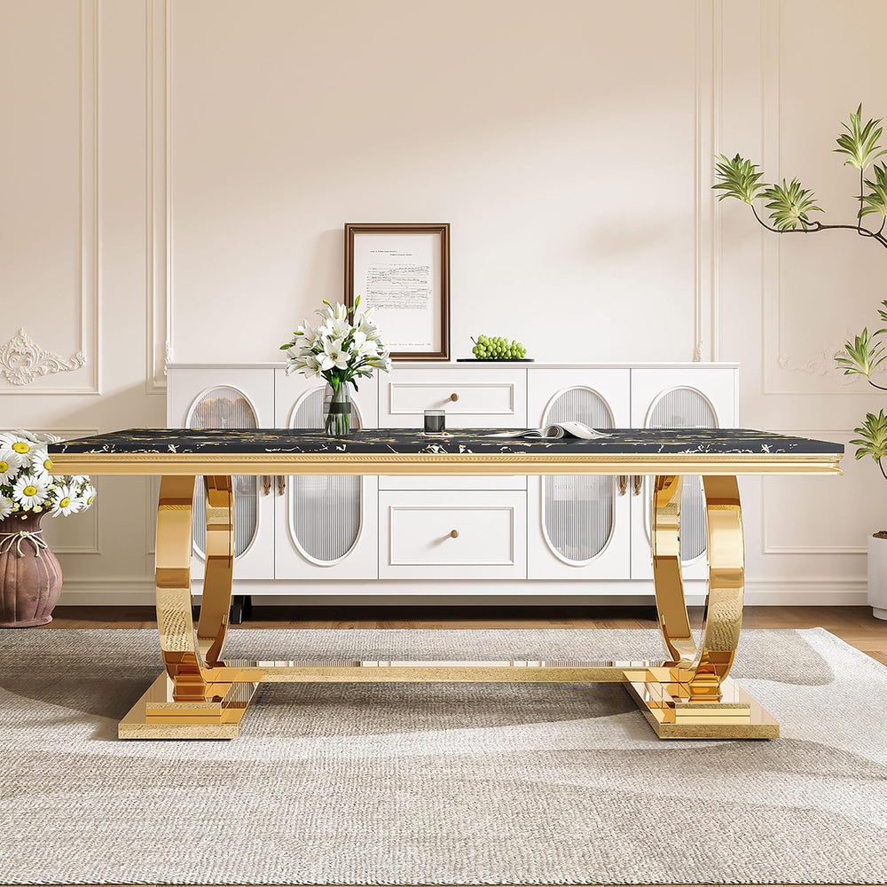 70" Marble Dining Table with Black Faux Marble Top and Gold O-Shape Stai...