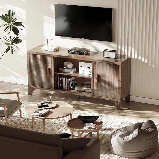 Tall Mid Century Modern TV Stands for 55/60/65 Inch TV Boho Media Console for Living Room Fluted TV Entertainment Center with Storage Wood Television Cabinet for Bedroom