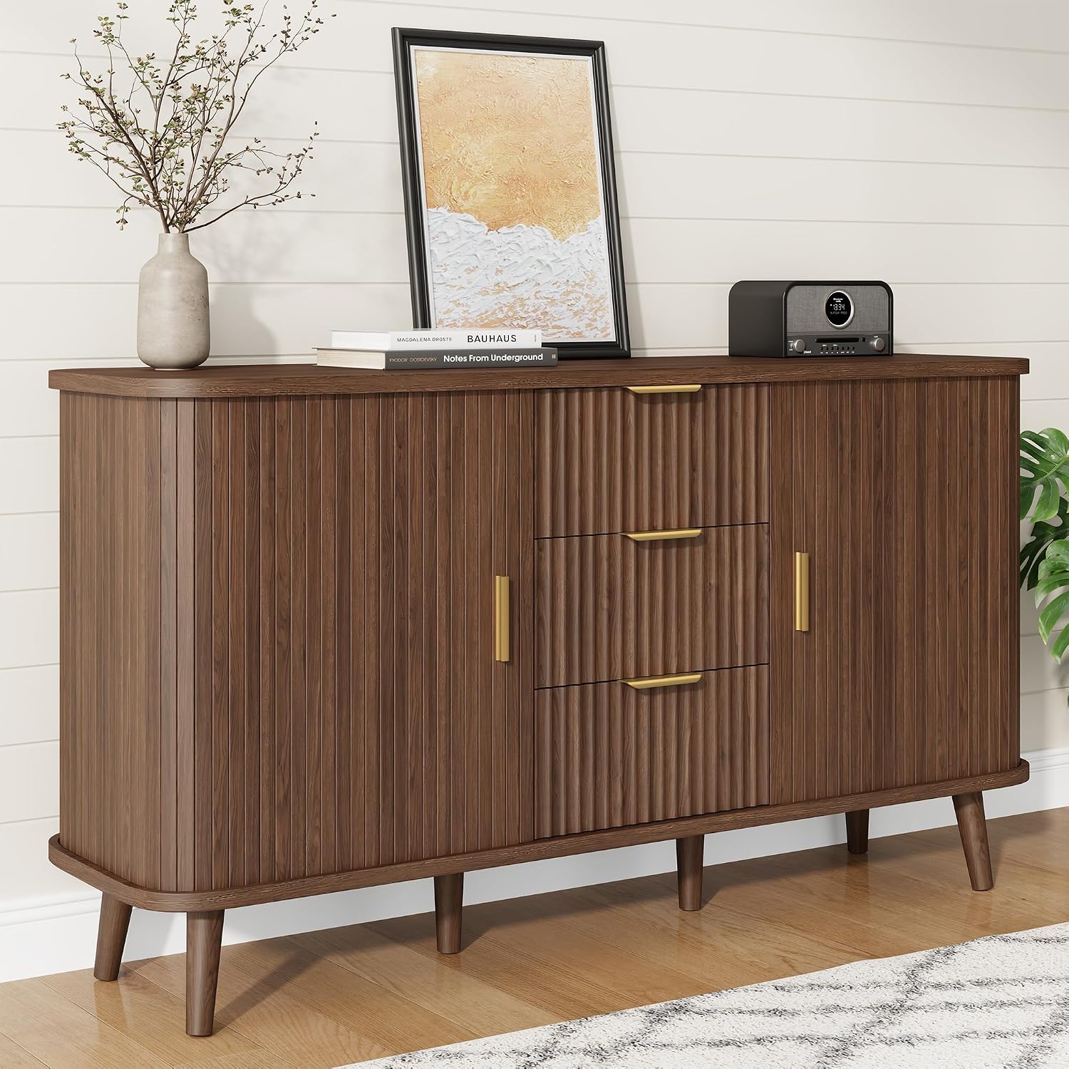 Lulive Walnut Buffet Cabinet, 55" Wide Sideboard Buffet Storage Cabinet | Rolling & Sliding Doors, 3 Wood Drawers, Bar Cabinet for Dining Room, Adjustable Shelves, Wooden Legs