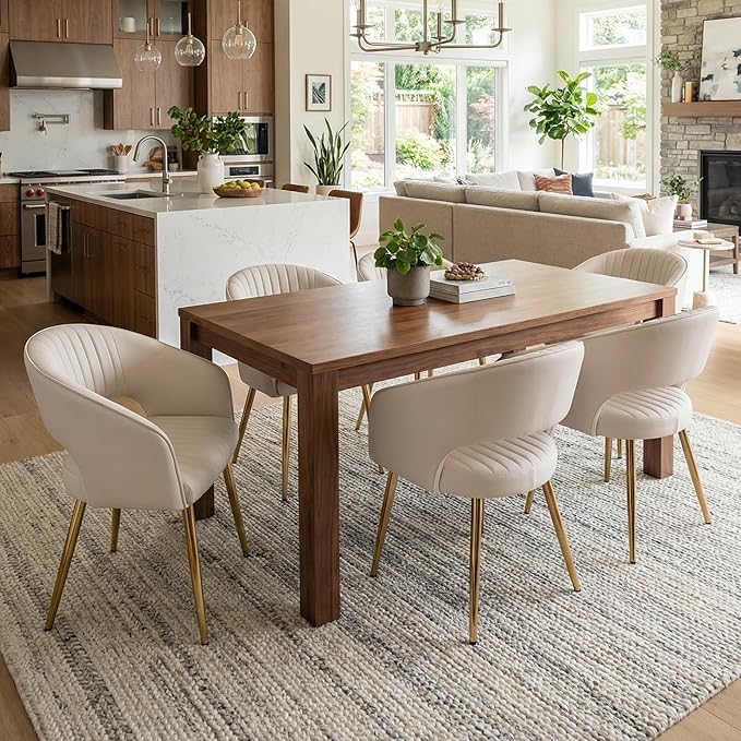 Faux Leather Dining Chairs Gold Legs, Modern Cream PU Leather Dining Room Chairs with Arms Set of 6 Upholstered Accent Chair Armchair with Barrel Back for Kitchen Living Room