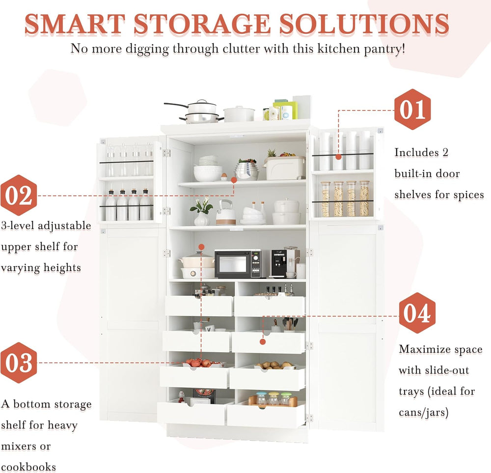 SOFTSEA Tall Kitchen Pantry Cabinet for Dining Room, Kitchen Hutch with 8 Pul...