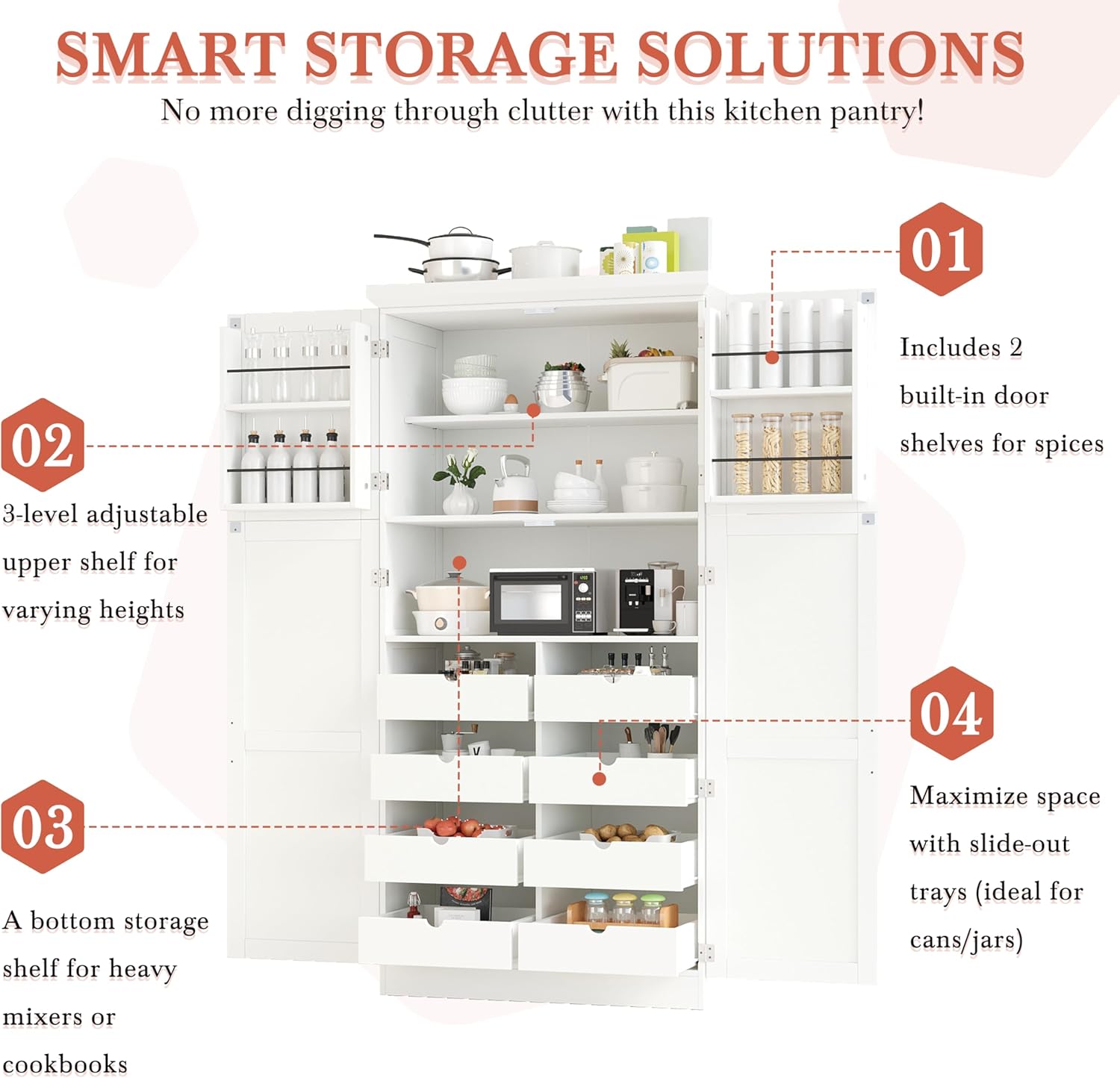 SOFTSEA Tall Kitchen Pantry Cabinet for Dining Room, Kitchen Hutch with 8 Pull-Out Trays, Freestanding Storage Cabinet with Adjustable Shelves and 2 Door Shelves, 35.5x17.6x70.9 Inch, White