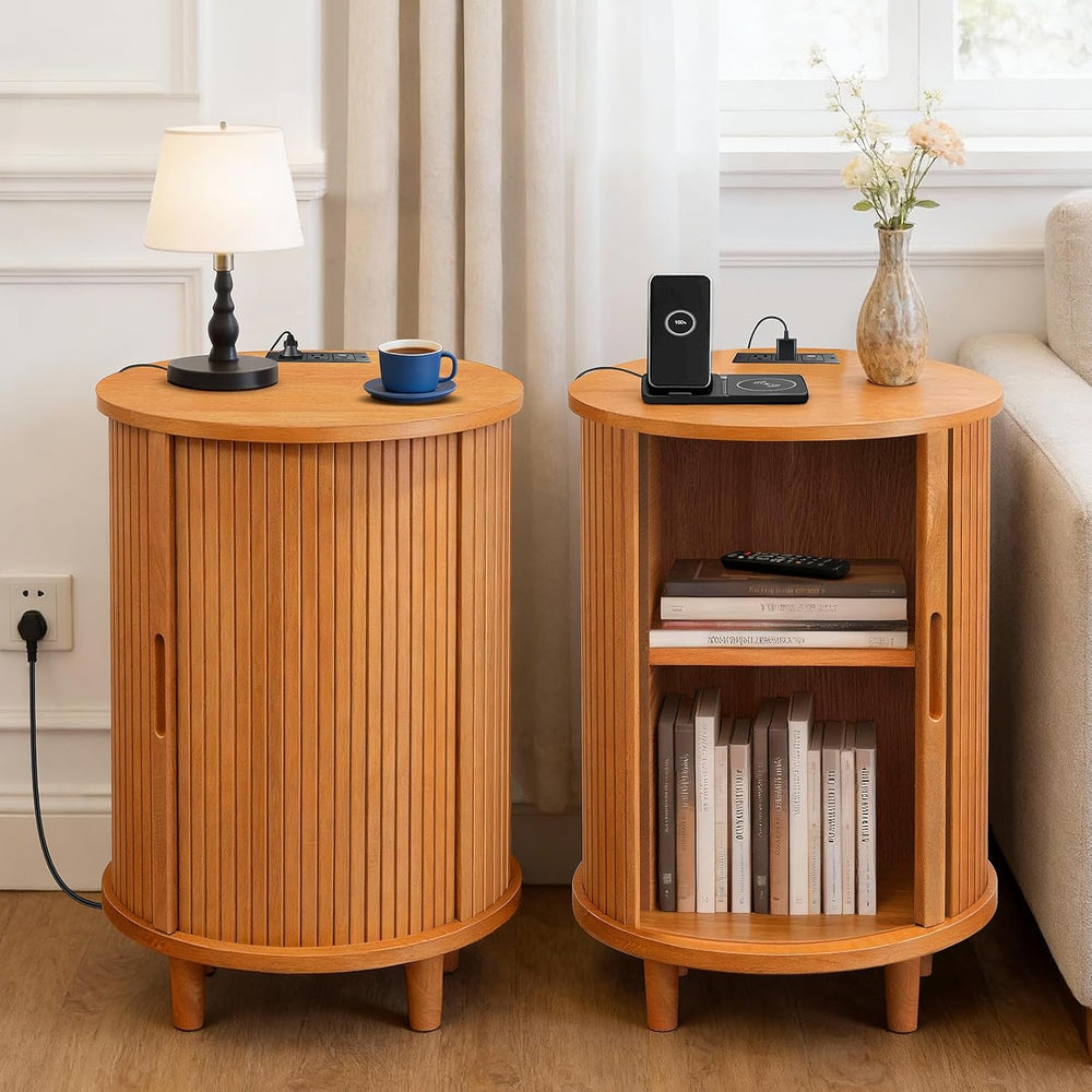 DHH Round End Table with Storage & Charging Station, Fluted Accent Side T...