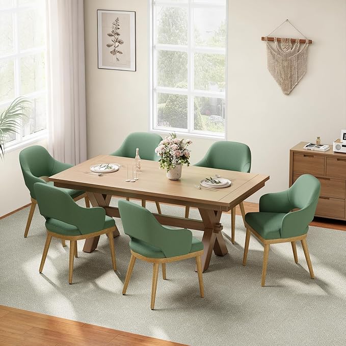 Wooden Dining Chairs Set of 6, Modern Fabric Upholstered Dining Room Chair, Kitchen Side Chairs, Farmhouse Dinner Chair with Open Back for Kitchen, Green