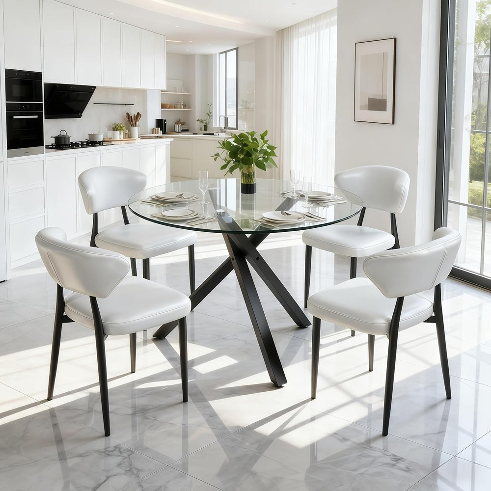 Round Glass Dining Table Set for 4, 39" Black Metal Base, PU Chairs | 5-...