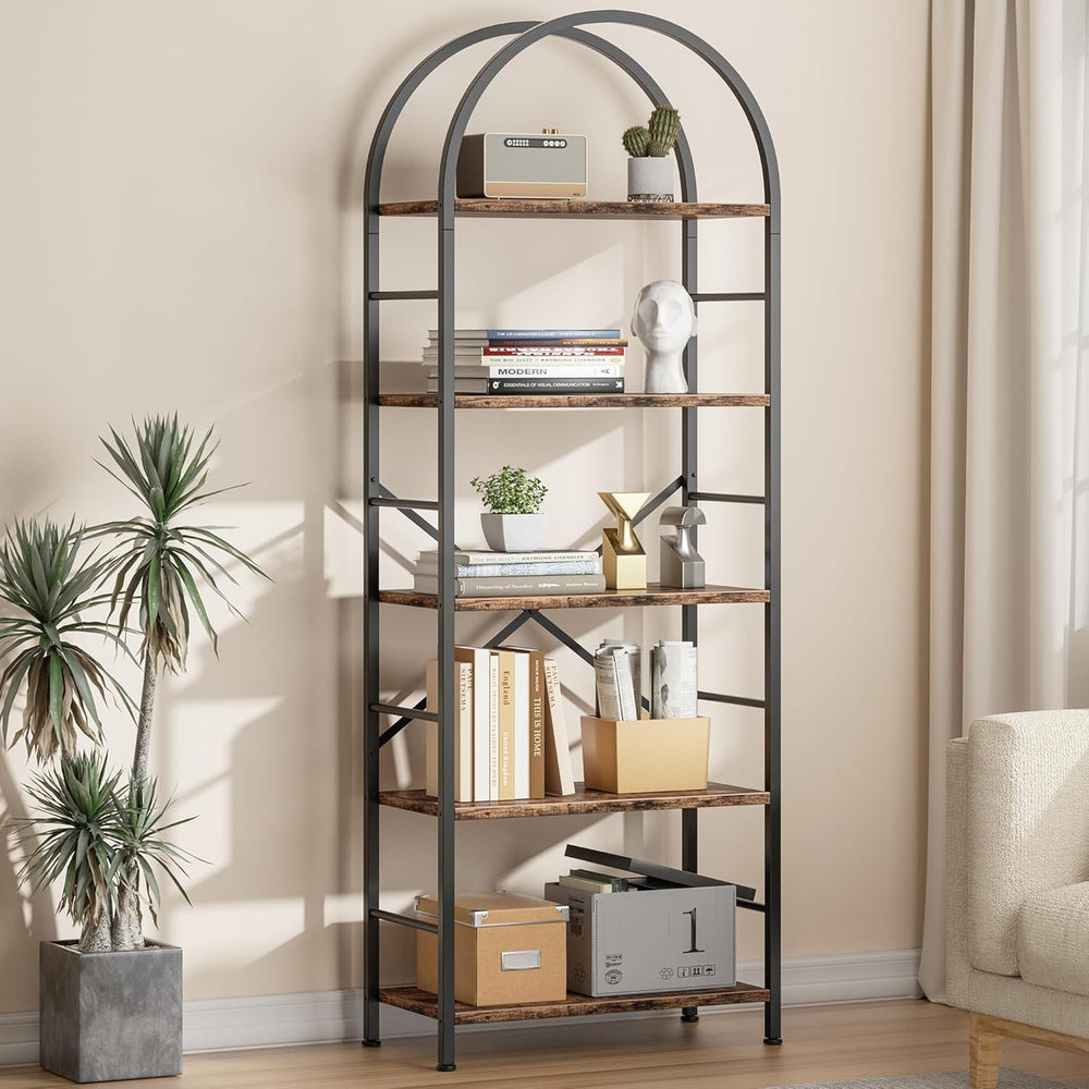 Shintenchi Bookshelf, Arched Bookshelf 5 Tier Bookcase, Tall Shelf for CDs/Bo...