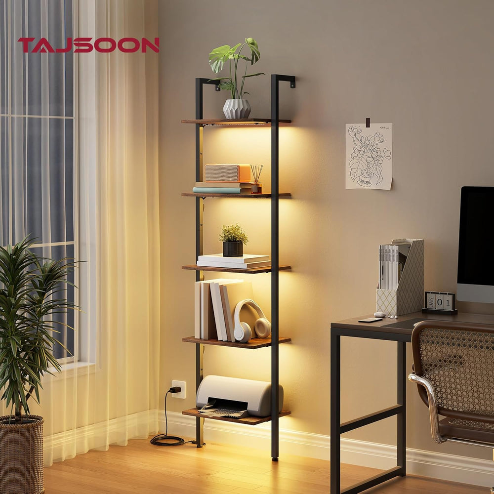 Tajsoon 5 Tier Ladder Bookshelf with Light, Wall Ladder Shelf Rustic Brown