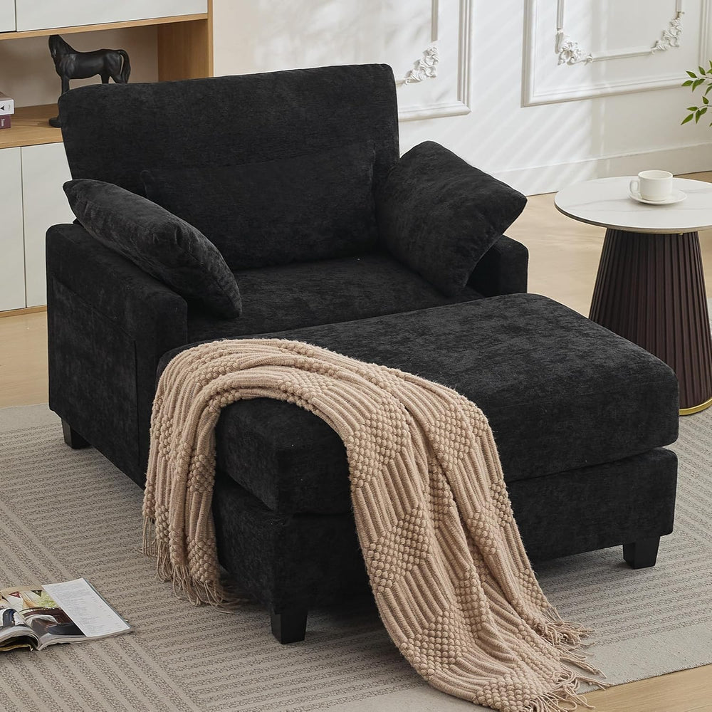 57.5" Oversized Chenille Chair with Movable Ottoman, Black Deep Seat Com...