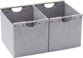 HOONEX Large Foldable Storage Bins, Linen Fabric, 2 Pack, with Wooden Carry Handles and Sturdy Heavy Cardboard, for Home, Office, Car, Nursery, Light Grey