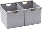 HOONEX Large Foldable Storage Bins, Linen Fabric, 2 Pack, with Wooden Carry Handles and Sturdy Heavy Cardboard, for Home, Office, Car, Nursery, Light Grey