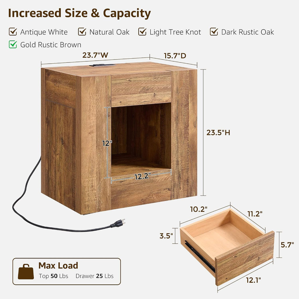 OKD 24" Modern Nightstand Set of 2 w/Drawer/Storage Shelf,Gold Rustic Brown | End Table, Wood Thick Design, Rustic Square Bedside Table w/ Charging Station