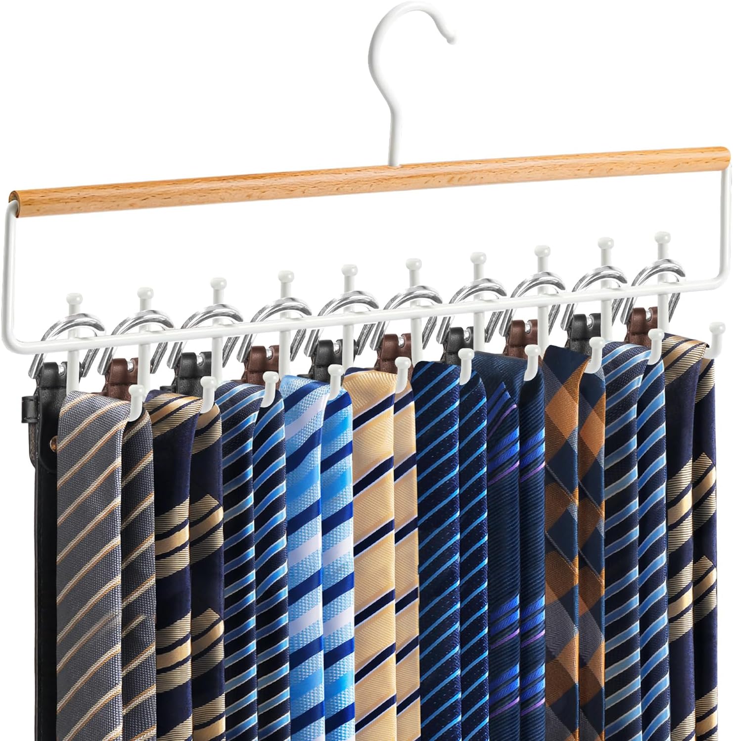 Tie Rack Hanger for Closet Upgraded 2-in-1 Tie and Belt Hanger Non Slip Tie Rack with 20 Hooks Tie Hanger Space Saving Wooden Belt Tie Organizer for Tank Tops Bras Cami Scarves, Wooden