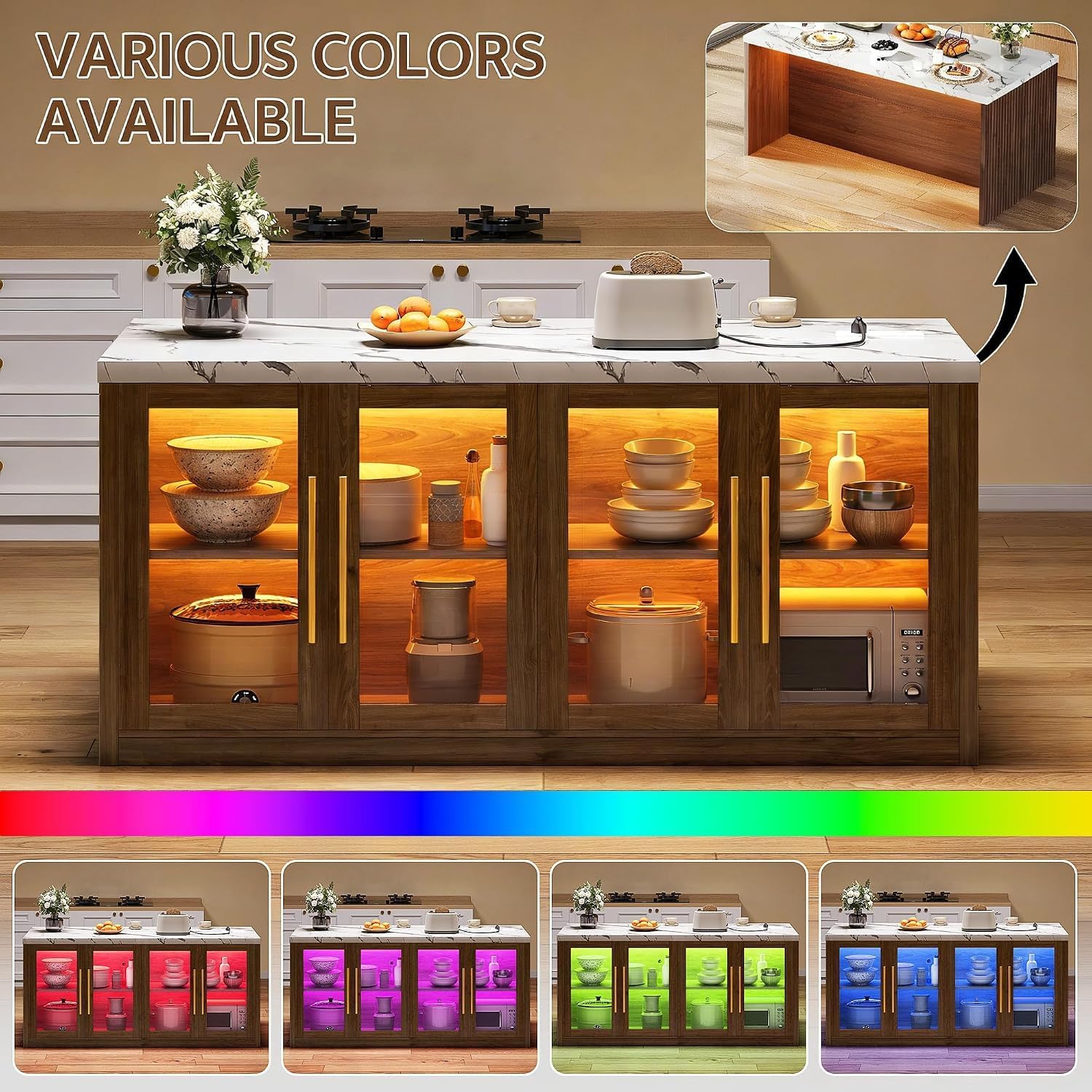 Kitchen Island with Storage, Faux Marble Island Table with RGB LED | Lights & Cabinet for Kitchen, Rolling Island Cart Modern Kitchen Island on Wheels for Dining Room, Home Bar, Walnut
