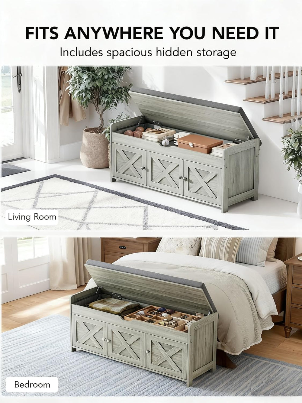 Amada Farmhouse Shoe Storage Bench with Cushion, 3 Doors & Lift-Top Stora...