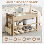 Homaxy 2-Tier Shoe Rack Bench, 28.2 in, Walnut and Light Brown | Bamboo Entryway Bench, with Side Holder, Shoe Rack Organizer with Cushion for Front Entrance, Hallway Living Room Bedroom