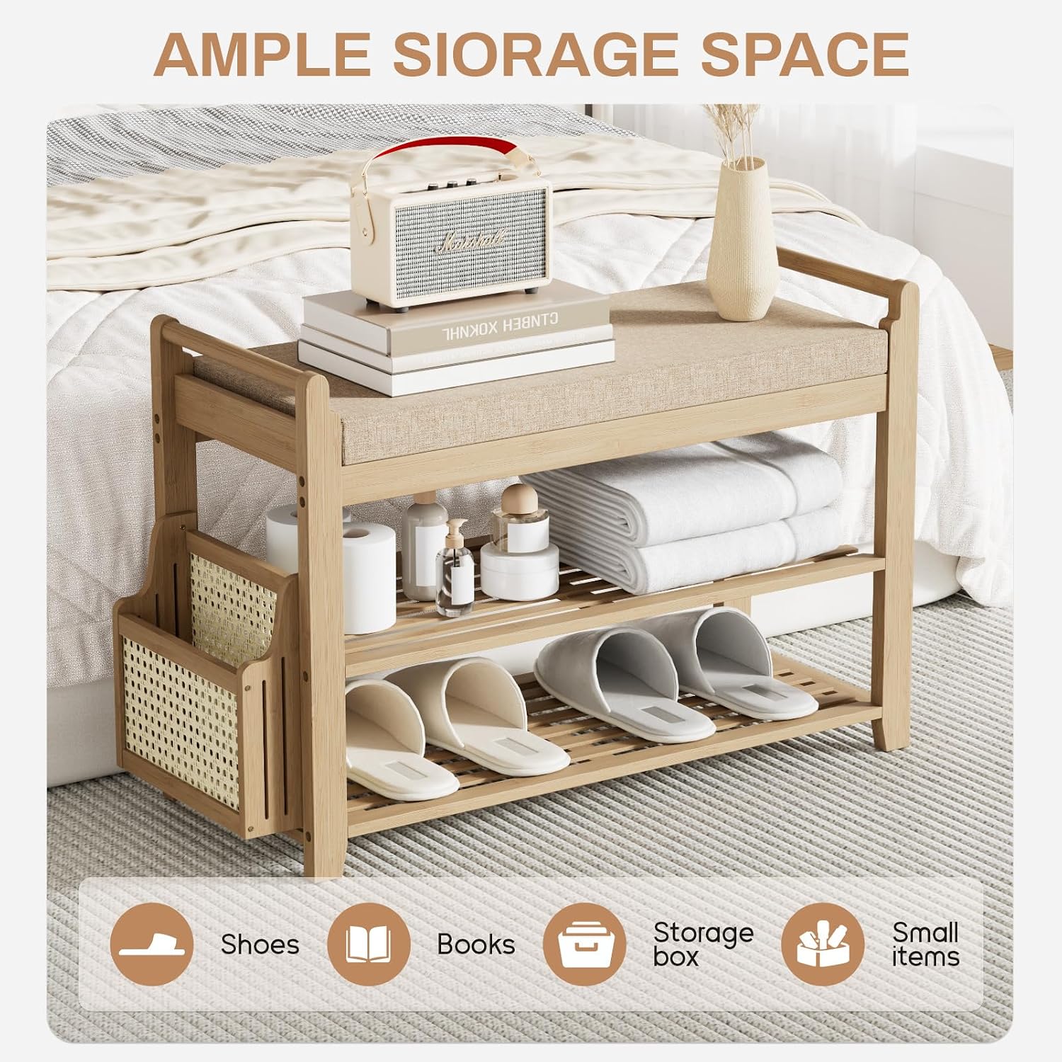 Homaxy 2-Tier Shoe Rack Bench, 28.2 in, Walnut and Light Brown | Bamboo Entryway Bench, with Side Holder, Shoe Rack Organizer with Cushion for Front Entrance, Hallway Living Room Bedroom