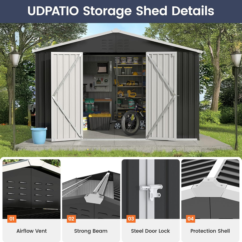 UDPATIO Outdoor Storage Shed 10x12 FT, Outdoor Storage Metal Galvanized Steel Yard, Patio, Lawn, Tool Shed with Lockable Door for Can, Bike, Lawnmower, Generator,Dark Grey