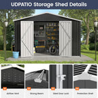 UDPATIO Outdoor Storage Shed 10x12 FT, Outdoor Storage Metal Galvanized Steel Yard, Patio, Lawn, Tool Shed with Lockable Door for Can, Bike, Lawnmower, Generator,Dark Grey