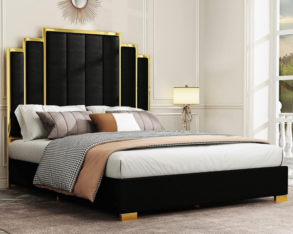 Albott Queen Size Platform Bed Frame, 61.4" Velvet Upholstered Bed with ...