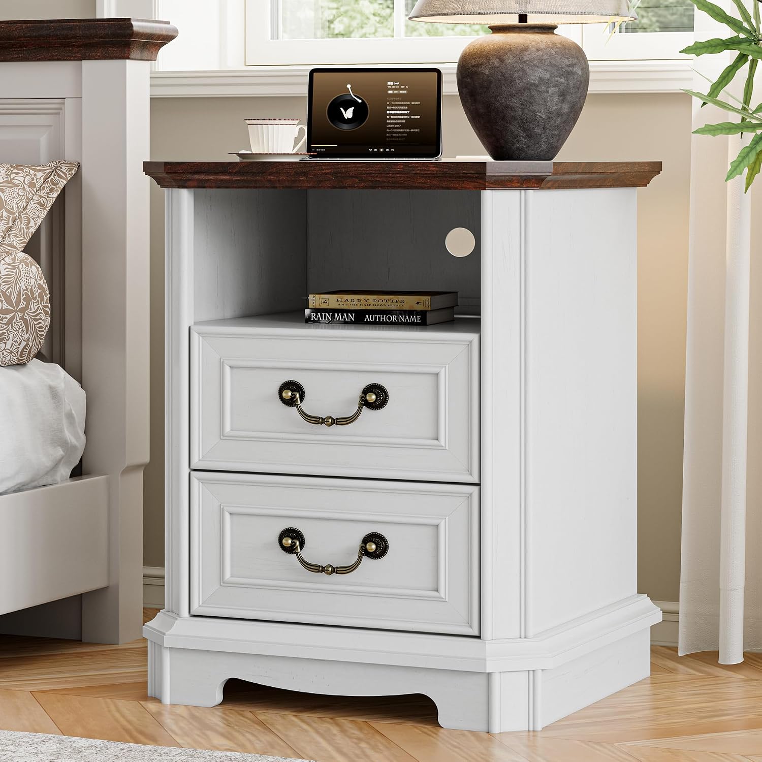 Xixini 18" Farmhouse 2-Drawer Wood Nightstand with Charging Station, White | Rustic Bedside Table with Vintage Metal Handles, Open Shelf, Spacious Storage, Sturdy Base Design, End Table for Bedroom