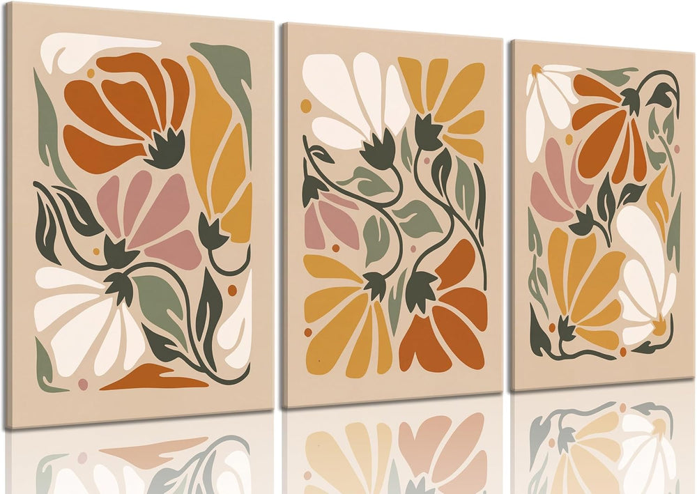 XIGBAWAN 3Pcs Boho Floral Canvas Wall Art, Abstract Flower Wall Decor