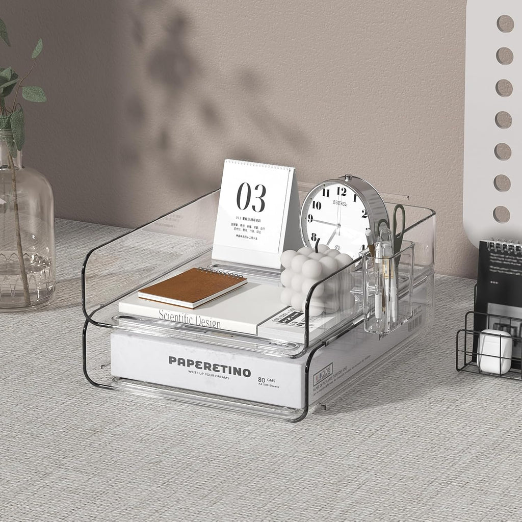 2-Tier Acrylic Paper Tray Organizer with Pen Holder | Clear Stackable Desk Organizer for Documents, Letters, A4 Paper | Modern Office/Classroom/Home Organization