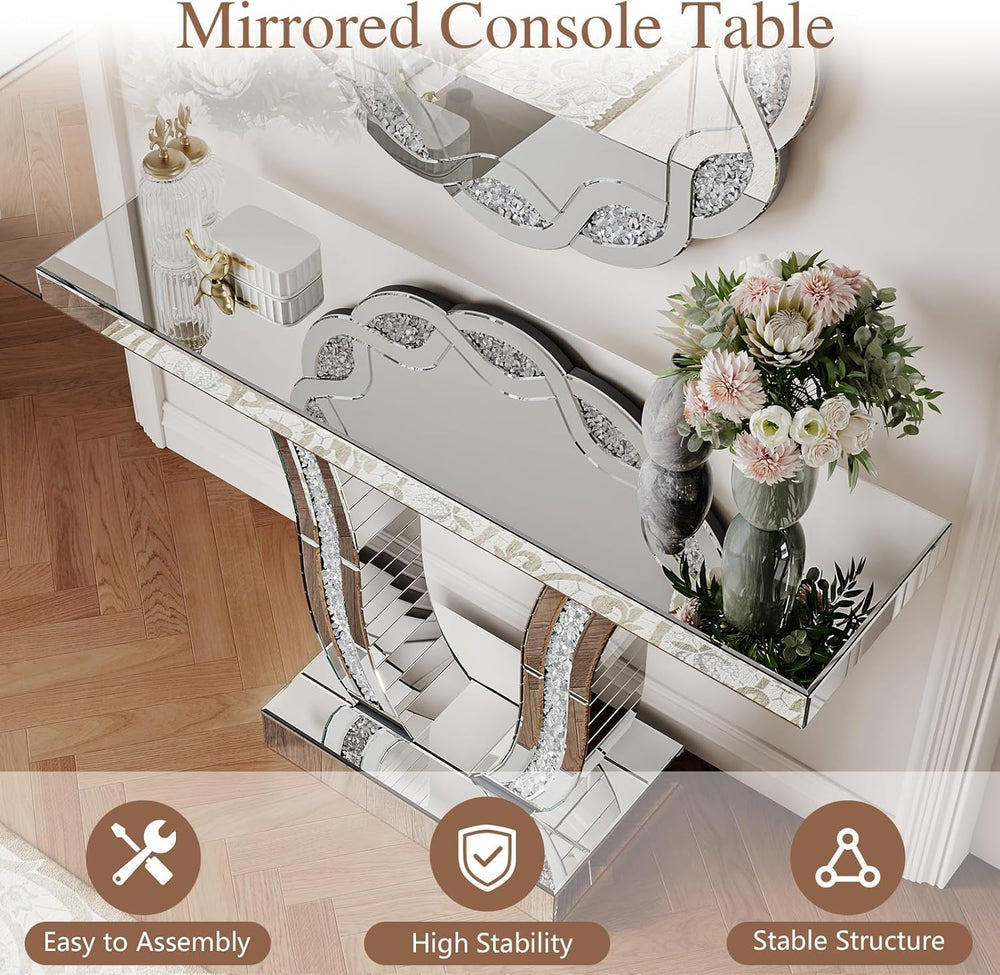 43.3'' Mirrored Console Table Silver Mirrored Entryway Sofa Table for...