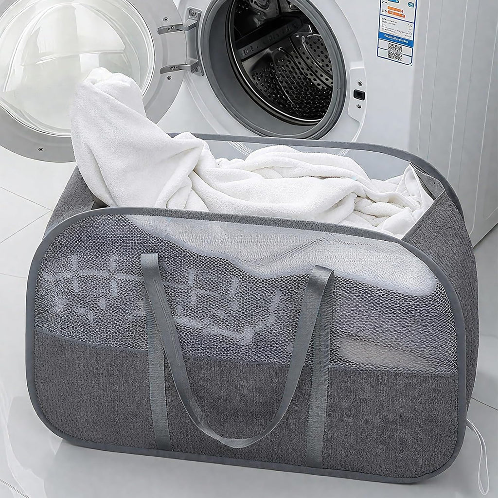 Large Collapsible Laundry Hamper, Gray Oxford Cloth 95L Capacity laundry basket with Handles, Breathable Mesh Design, Sturdy Steel Frame Clothes Hamper with Easy Carry 26.8x12.2x17.7 Inch