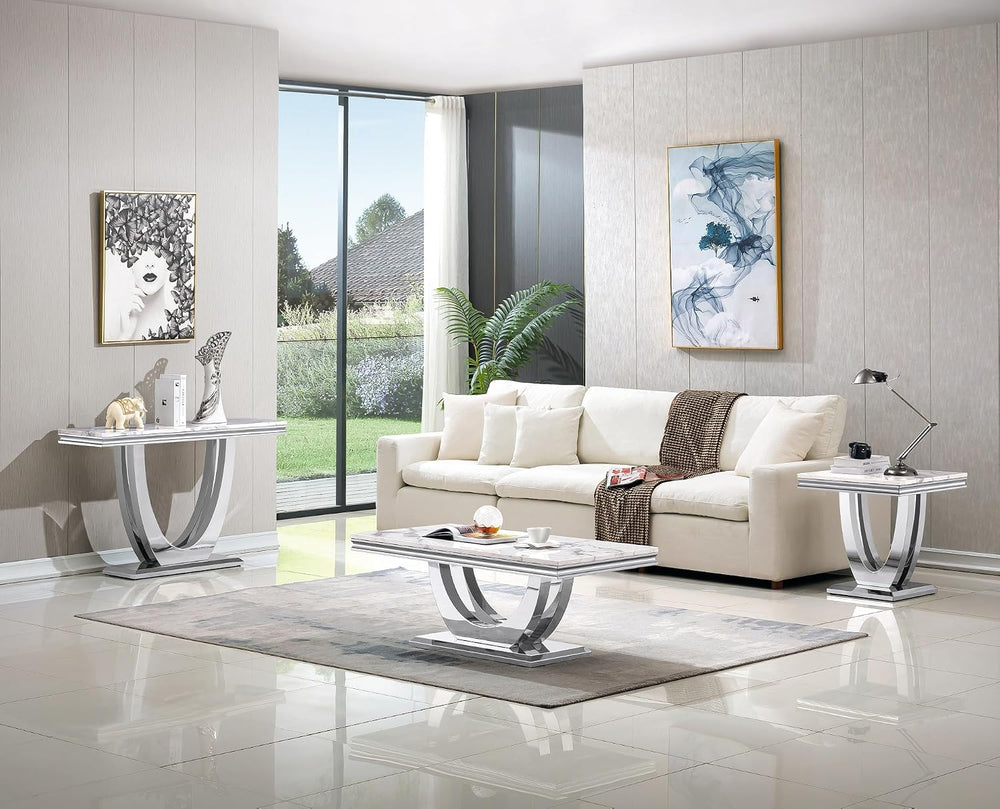 Luxury Living Room Table Set, Faux Marble Top 3-Piece Table Set, Includes Cof...