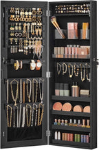 SONGMICS Mirror Jewelry Cabinet Armoire, Wall or Door Mounted Jewelry Storage, Hanging Lockable Frameless with 2 Plastic Cosmetic Organizers, Christmas Gift Idea, Black UJJC001B01