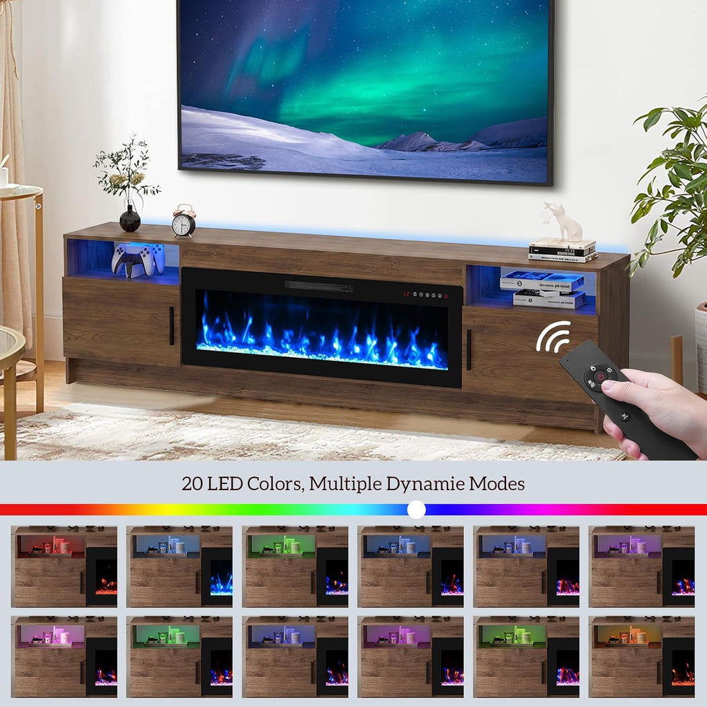 80'' Fireplace TV Stand, LED Entertainment Center Up to 90" TVs, Dark Brown | High Glossy Doors, 42'' Fireplace, Modern Media Console for Living Room