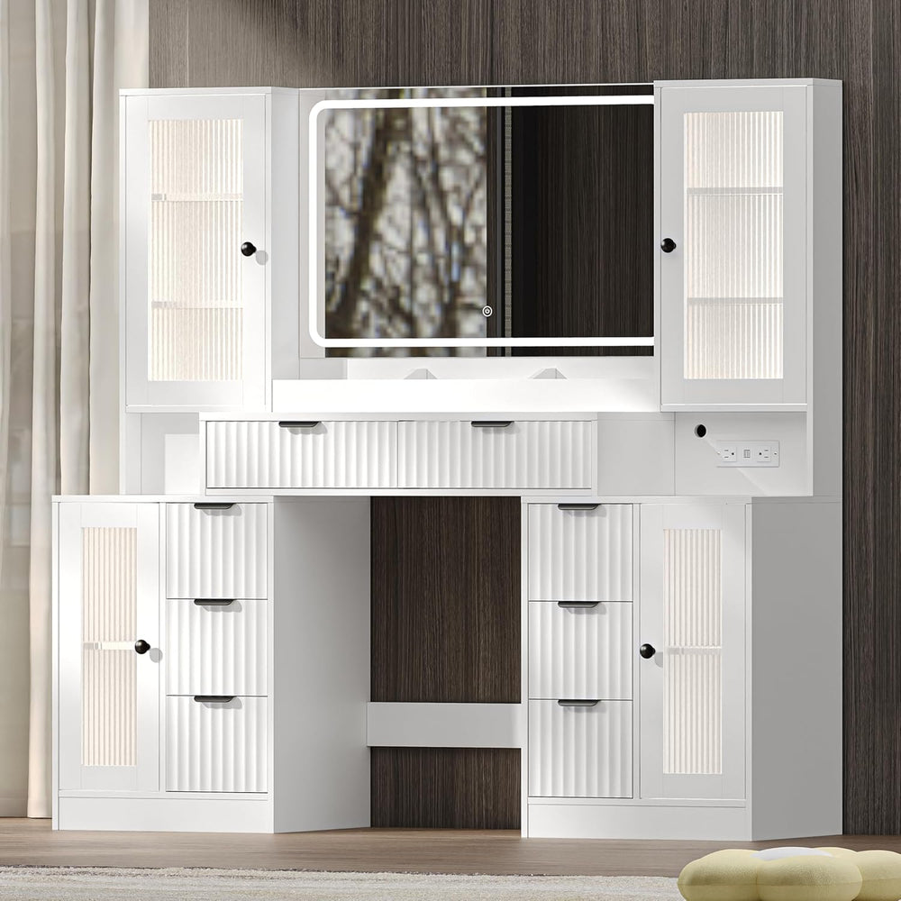 Fluted Makeup Vanity Desk with Mirror and Lights, 55" Glass Top Vanity w...