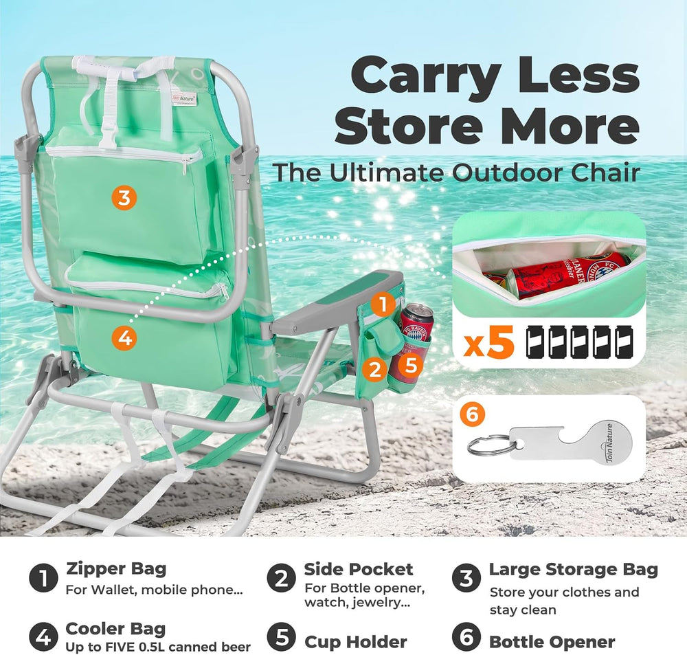 Low Beach Chairs for Adults - 5-Position Lay-Flat Backpack Chair with Large I...