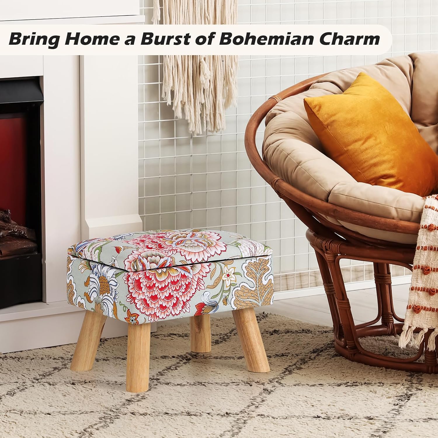 ETELI Small Foot Stool Ottoman with Storage Versatile Square Storage Ottoman Boho Foot Rest with Sturdy Wood Legs Floral Footstools and Ottomans for Living Room Bedroom and Enterway