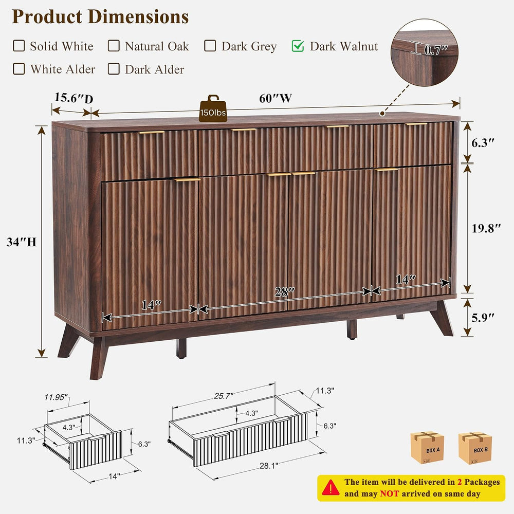 T4TREAM 60 Inch Fluted Buffet Sideboard Cabinet, Dark Walnut | Modern Coffee ...