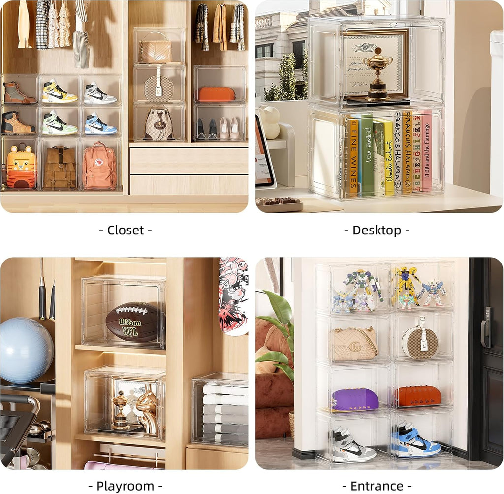 Clear Display Case for Collectibles, Purse Organizer for Closet, Handbag Storage Organizer 5 Pack Stackable Storage Boxes with Magnetic Lid for Shoes, Books, Purse, White