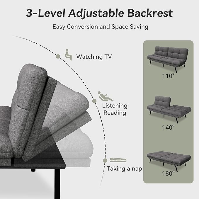 Convertible Futon Sofa Bed,Grey Linen Modern Futon Couch,Memory Foam Loveseat Sleeper Recliner,Detachable Cushion,Adjustable Backrest & Armrest,Couch for Living Room,Office,Apartment