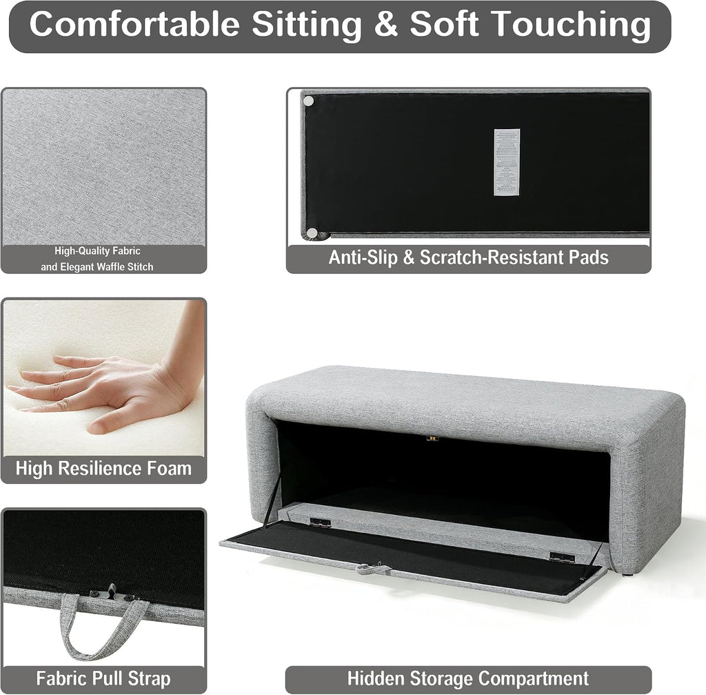 Homebeez 48" Storage Ottoman Bench with Side Opening, Large Storage Bench for Bedroom End of Bed, No Assembly Ottoman Foot Rest, Upholstered Entryway Bench for Living Room, Light Gray