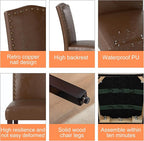 LSSBOUGHT PU Dining Chair Set of 2 Upholstered Parsons Kitchen Chair with Copper Nails and Solid Wood Legs for Dining Room,Restaurant(Brown)