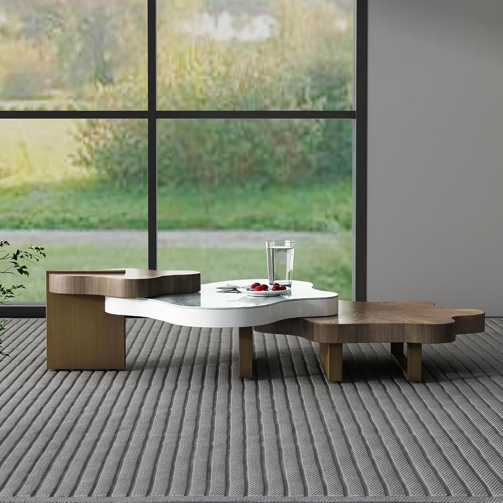 Rectangular Nesting Coffee Tables Set of 2, 63in Walnut Wooden Cloud Side Tab...