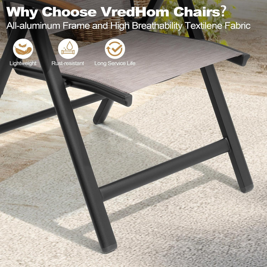 Folding Patio Chairs Set of 2, Aluminum High Back Outdoor Recliners | Outdoor Folding Chairs with Aluminum Frame & High Back, Patio Recliners with Teak Armrests, No Assembly Required, Adjustable