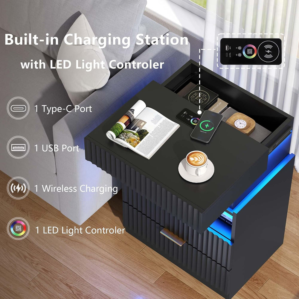 Night Stand with Wireless Charging Station, Black Bedside Table with Hidden G...
