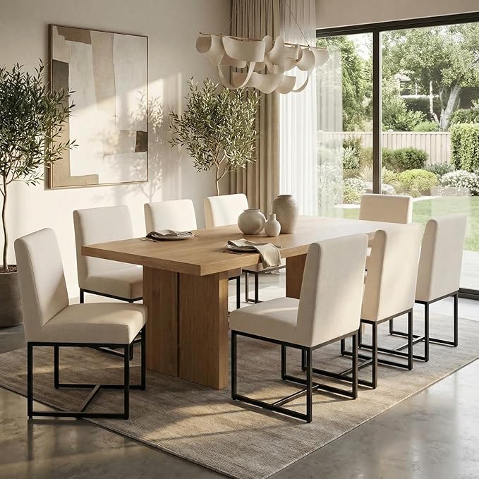 CIMOTA Modern Linen Dining Chair Set of 8, Mid Century Dining Room Chairs Fabric Upholstered Armless Side Chair with Black Sled Base for Dining Room, White Cream 8PCS