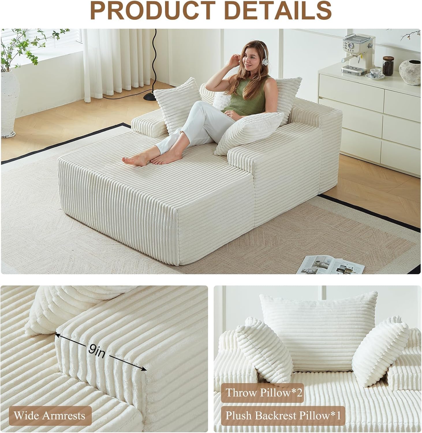 67 Inch Chaise Lounge Chair Indoor, Oversized Upholstered Boneless Sofa Bed, Corduroy Deep Seat Sleeper Couch Reading Chairs, Comfy Cloud Sofas Couches for Living Room,
